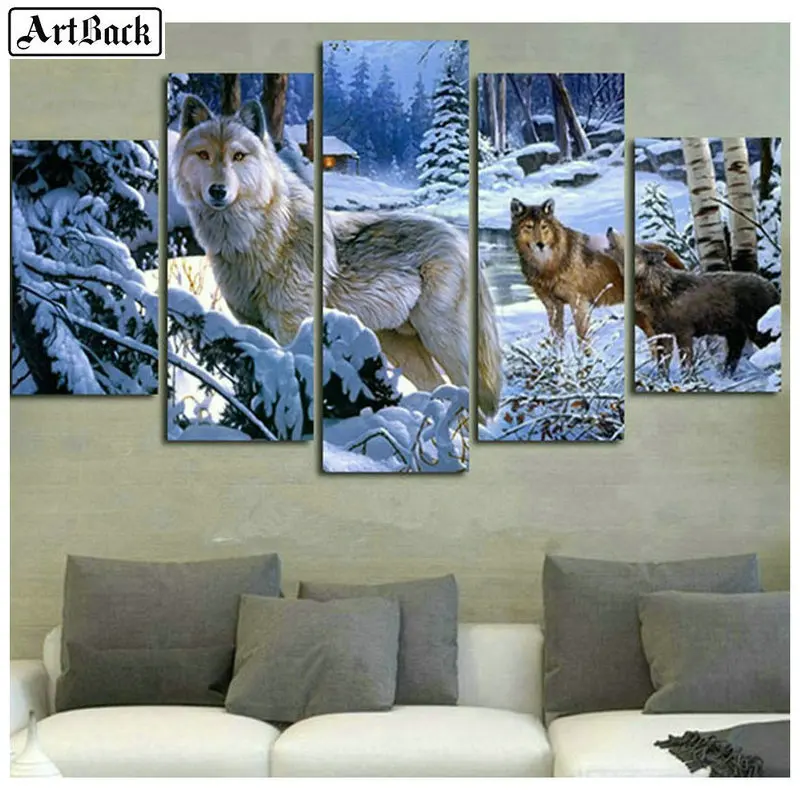 5 spell painting full square wolf diamond winter snow tree landscape animal 3d round mosaic artwork embroidery | Дом и сад