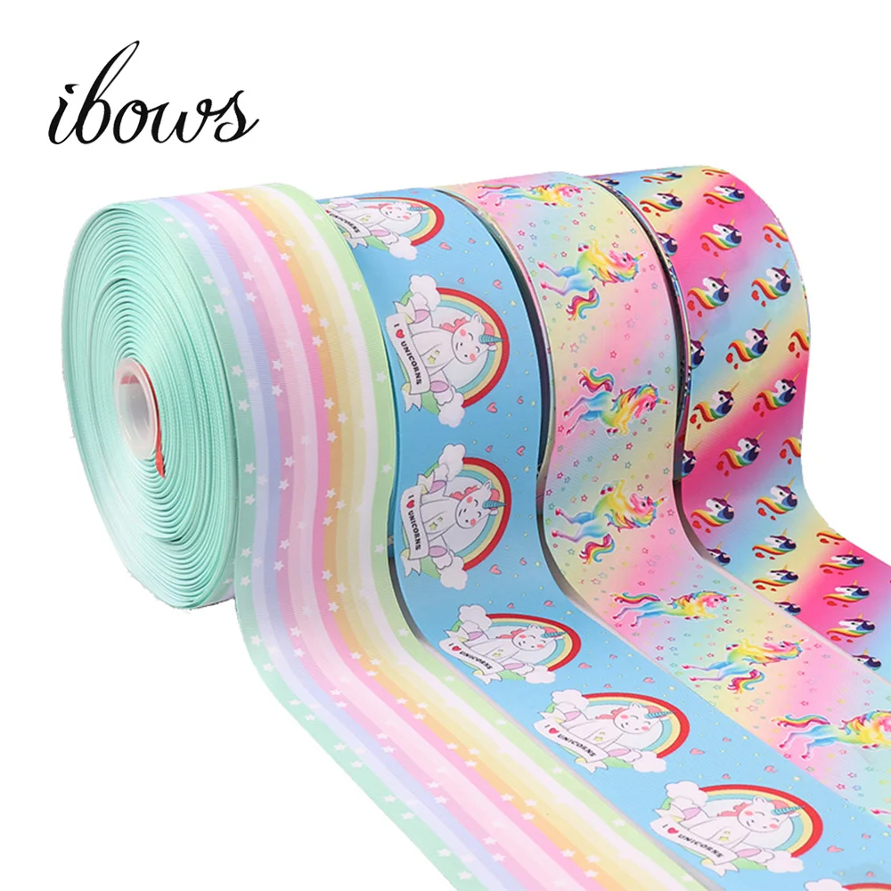 

IBOWS 2Yards 3"(75mm) Grosgrain Ribbon Cartoon Rainbow Unicorn Printed DIY Hair Bows Gift Wrapping Tape Handmade Materials New