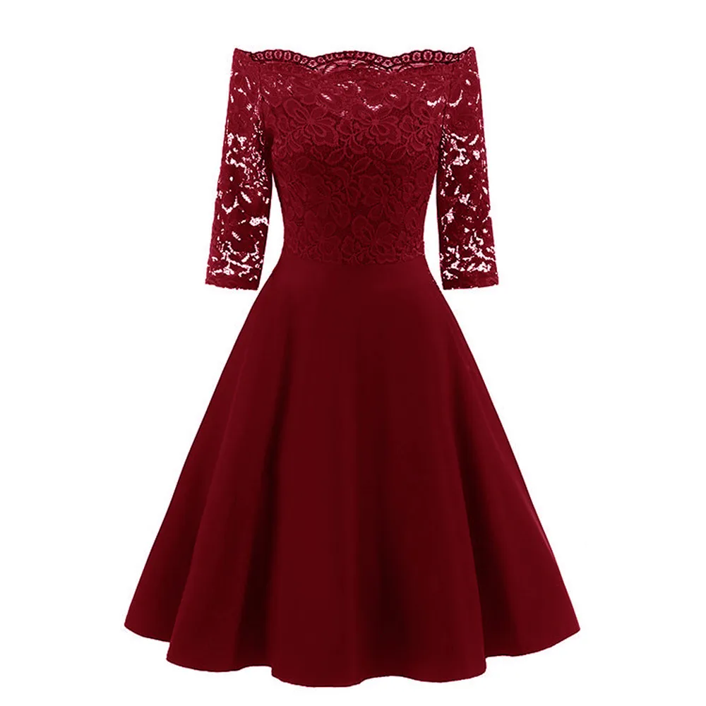 

Vintage Lace Crochet Party Dresses Women Summer 3/4 Sleeve Off Shoulder Formal Dress Elegant Lady Casual Patchwork Dress #Ju