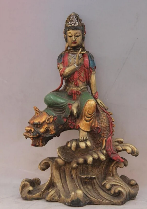 

Collectible bronze lion statue S0755 Old Copper Color Painted Buddhism GuanYin Kwan-yin Ride on Dragon Fish Statue (B0413)
