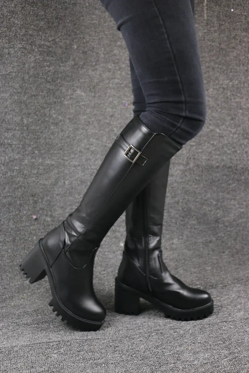 QUTAA/ г.; Модные женские ботинки; сапоги до колена на молнии на высоком квадратном каблуке и платформе с круглым носком; теплая зимняя обувь на молнии; размеры 34-43