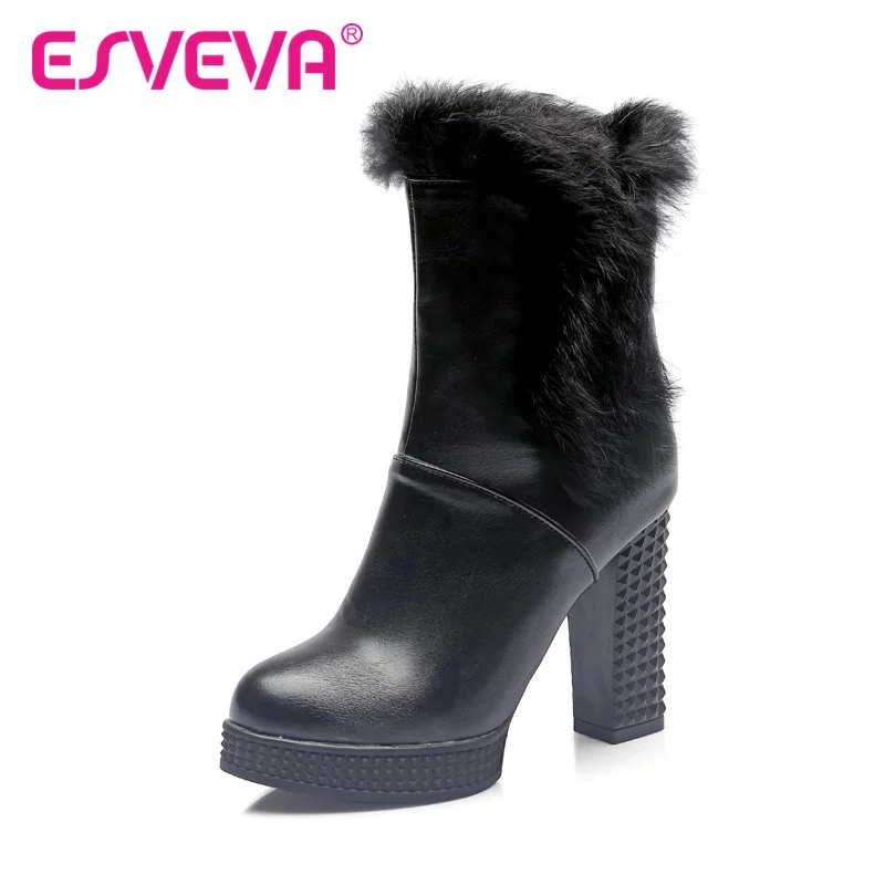 

ESVEVA  Square High-Heels Motorcycle Boots Zipper Rabbit's Hair Round Toe Short Plush Platform Ankle Boots Winter Women Shoes