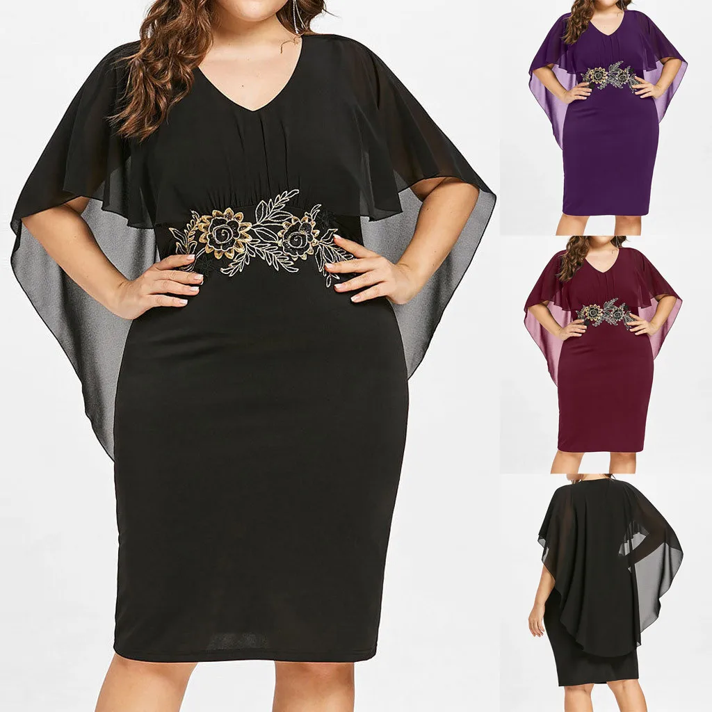 

2019 summer dress for female hot sales Fashion Women Casual Chiffon Plus Size Solid V-Neck Applique Loose Dress XL-5XL sales