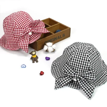 

Summer Newborn Photography Props Baby Girls Sun Hat Lovely Plaid With Bowknot Pearl Bucket Cap Adjustable Toddler Outdoor Caps