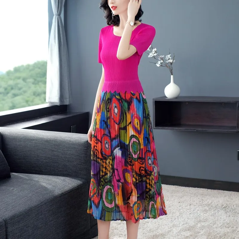 

2019 Summer New Special Pleats Dress Elegant Women Long Draped A-Line High Waist Short Sleeve Women Print Pleated Dress