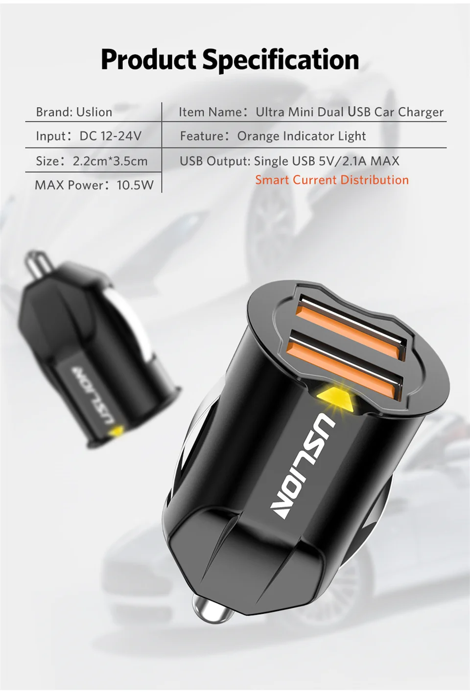 USLION Mini 2 Port USB Car Charger Adapter For iPhone Samsung QC3.0 Fast Charging USB Charger Mobile Phone Dual USB Car-charger mobile phone chargers