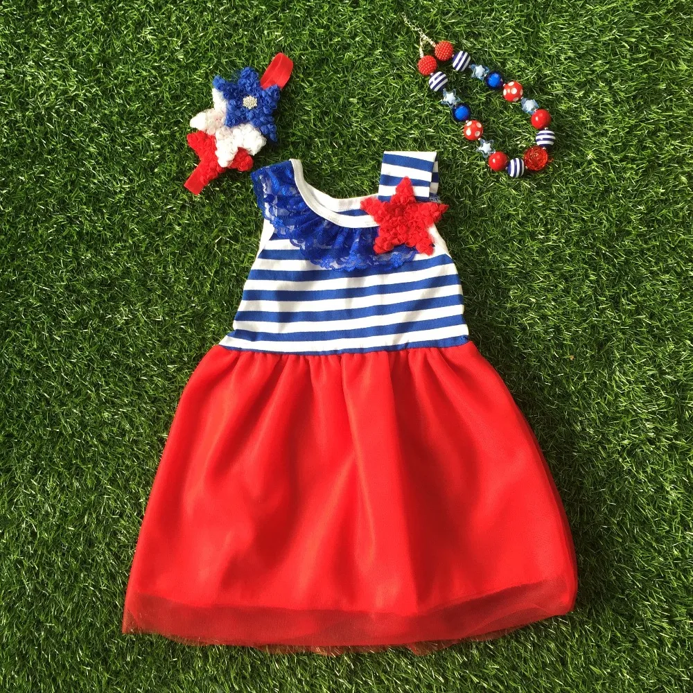

2018 new baby girl summer dress 4th of July dress with matching headband and necklace Baby Baptism Dresses Girls Patriotic Dress