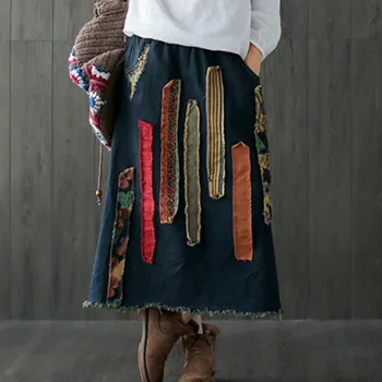 

#1753 Vintage Denim Skirt In Woman Elastic Waist Appliques Tassel Casual Loose Retro Jeans Skirt Plus Size Chinese Style Skirts