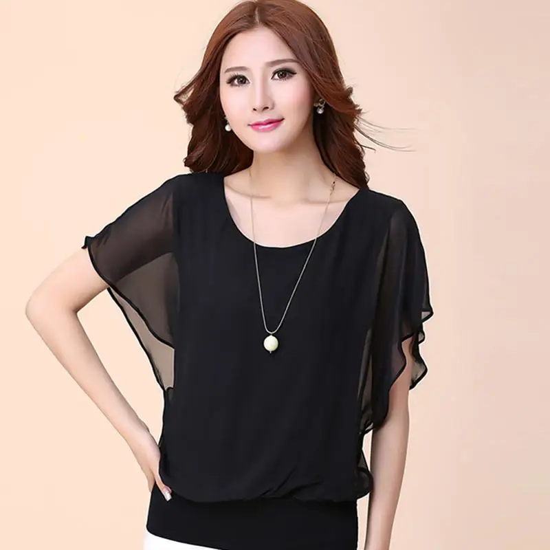 

MISSKY Solid Color New Summer Women Blouse Short Sleeve Fashion Summer Round Neck Bat-sleeved Chiffon Tops