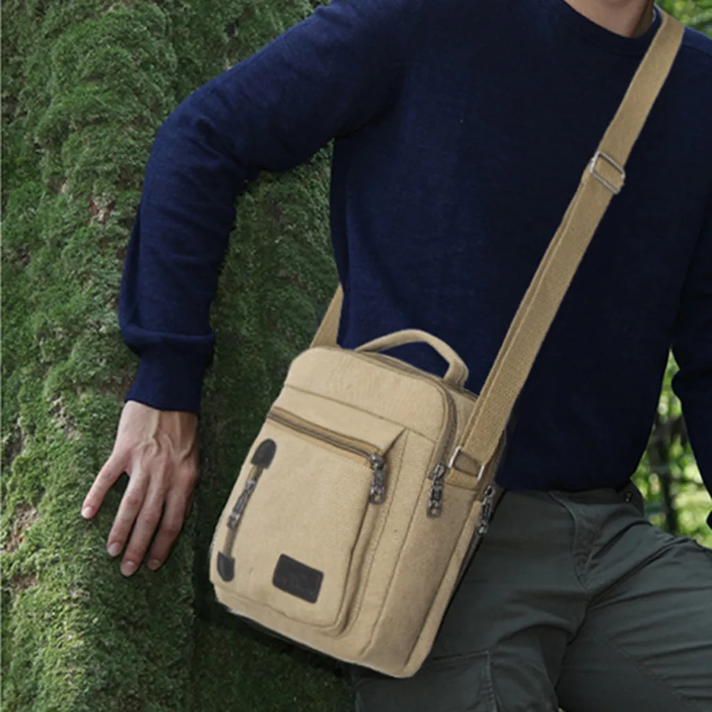Men's Fashion Canvas Solid Color Casual Business Shoulder Bag Messenger Bags Simple Leisure Chian Single Shoulder Bags