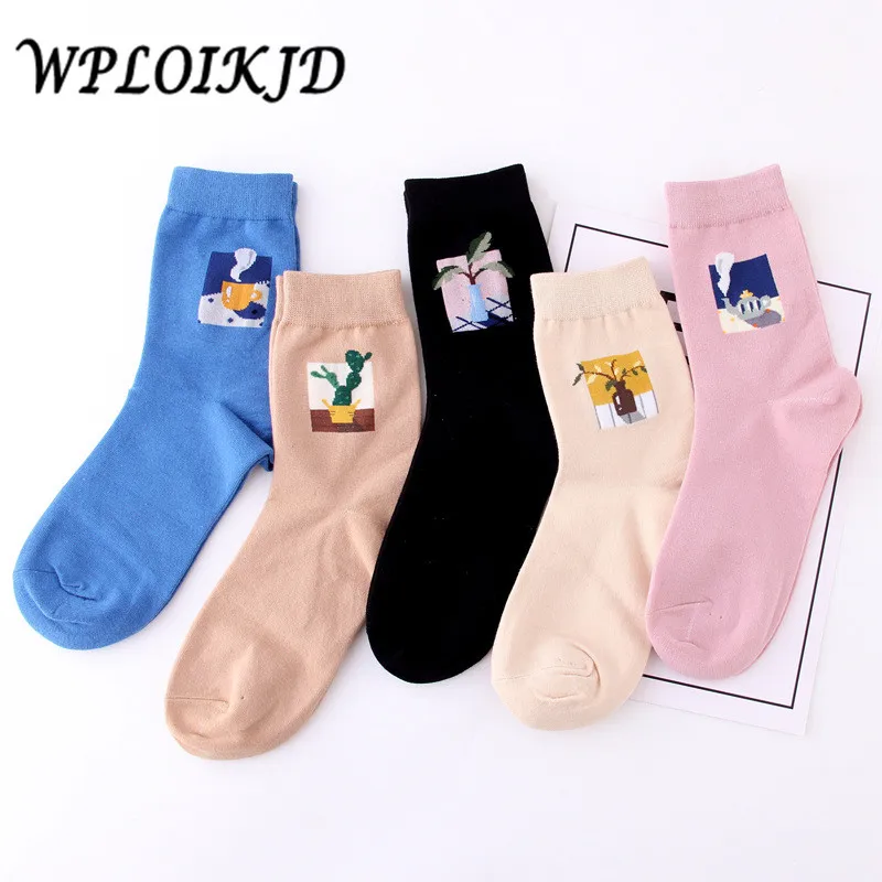 

[WPLOIKJD]Women Cartoon Cactus Meias Funny Socks Cute Jacquard Plants Pattern Art Socks Kawaii Sokken Calcetines Mujer