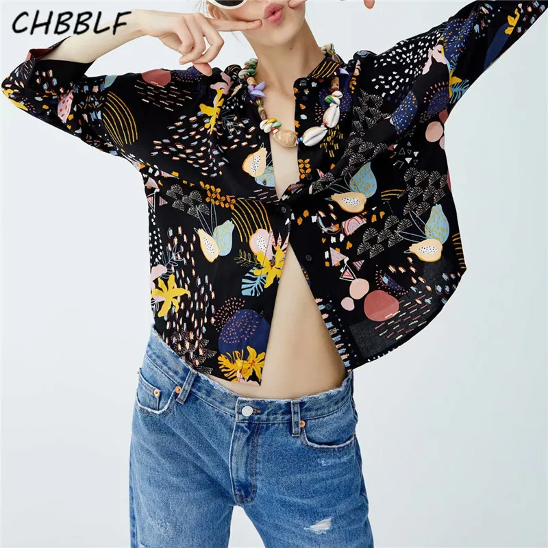 

CHBBLF women fashion cartoon print blouse long sleeve turn down collar shirt female pocket tops blusas XDL1735