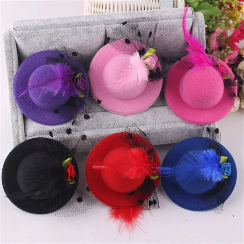 Hot Sale Cute Hat Barrettes Girls Party Prom Shiny Hair Clip Yarn Feathered Flower Performance Hair Accessories Children Hairpin hair accessories for brides