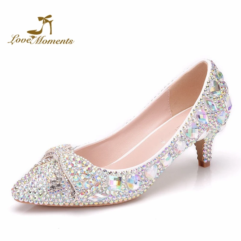 

Women Pumps Bowtie Rhinestone 5cm Middle Heel Pointed Toe Wedding Shoes Bling Bling AB Crystal Cinderella Prom Party Shoes
