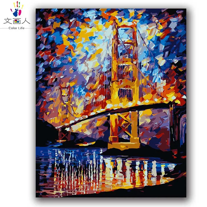 

diy coloring by numbers Railway bridge and river Colorful gorgeous Night scene painting by numbers hoom Background wall decor