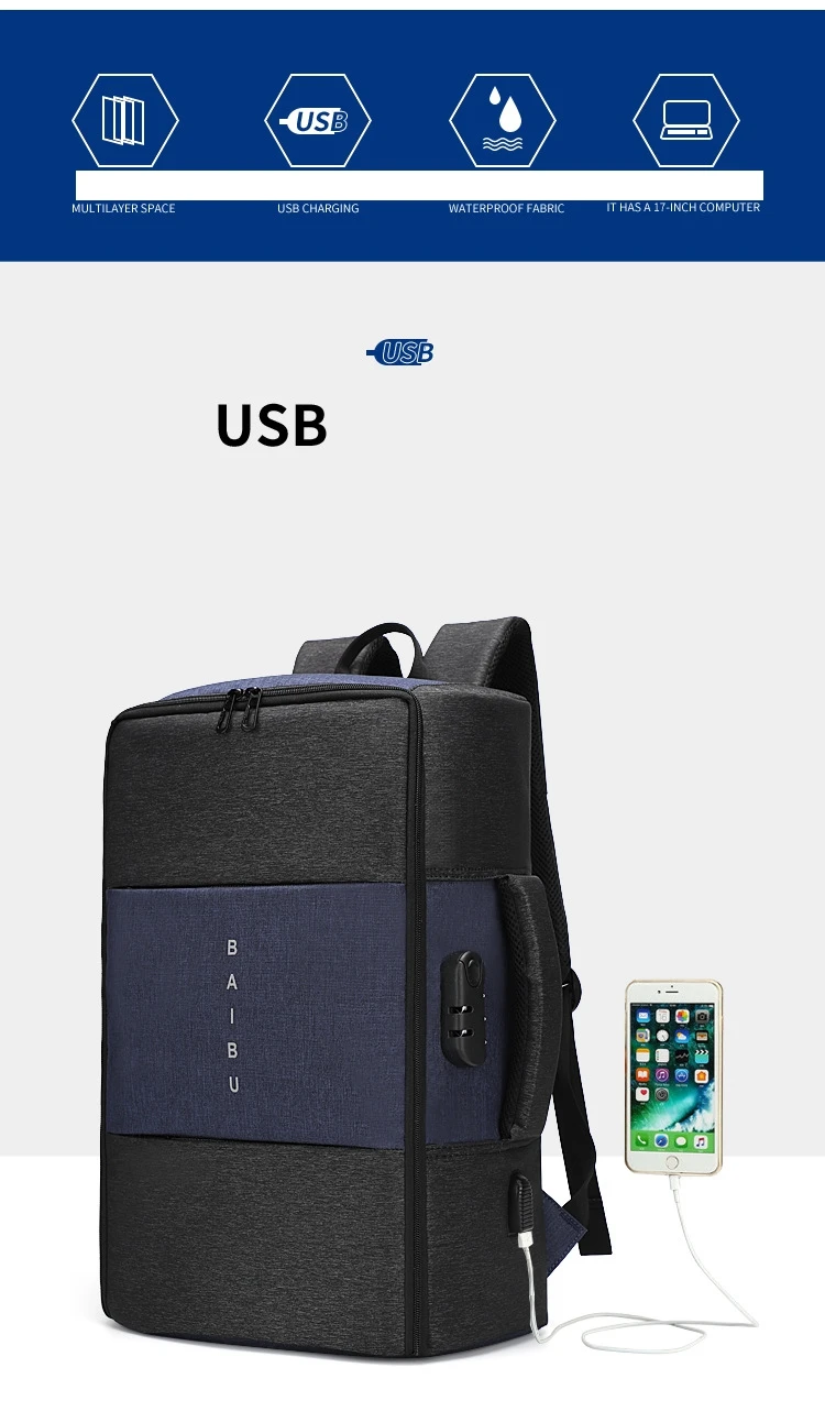 BAIBU, мужской рюкзак, вместительный, 15,6, 17 дюймов, рюкзак для ноутбука, многофункциональный, usb зарядка, дорожная сумка, унисекс, повседневный школьный рюкзак
