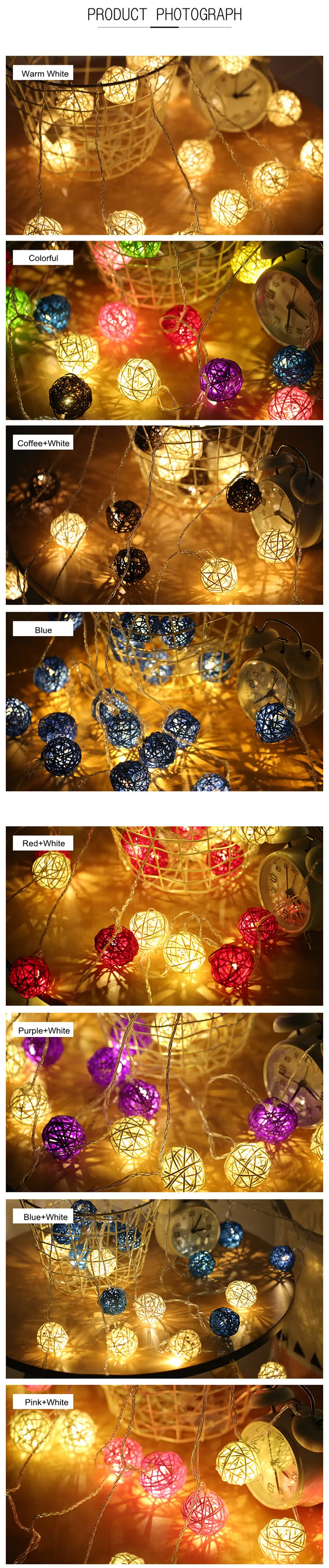 Многоцветный ротанга мяч свет шнура СИД 5 м 20LED теплый белый 220 В ЕС Plug сказочных Рождественские огни свадебные украшения стороны света