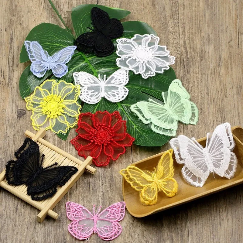 

3D flower patch organza decorative patch stickers mesh butterfly lace fabric wedding flower embroidered patches for clothes