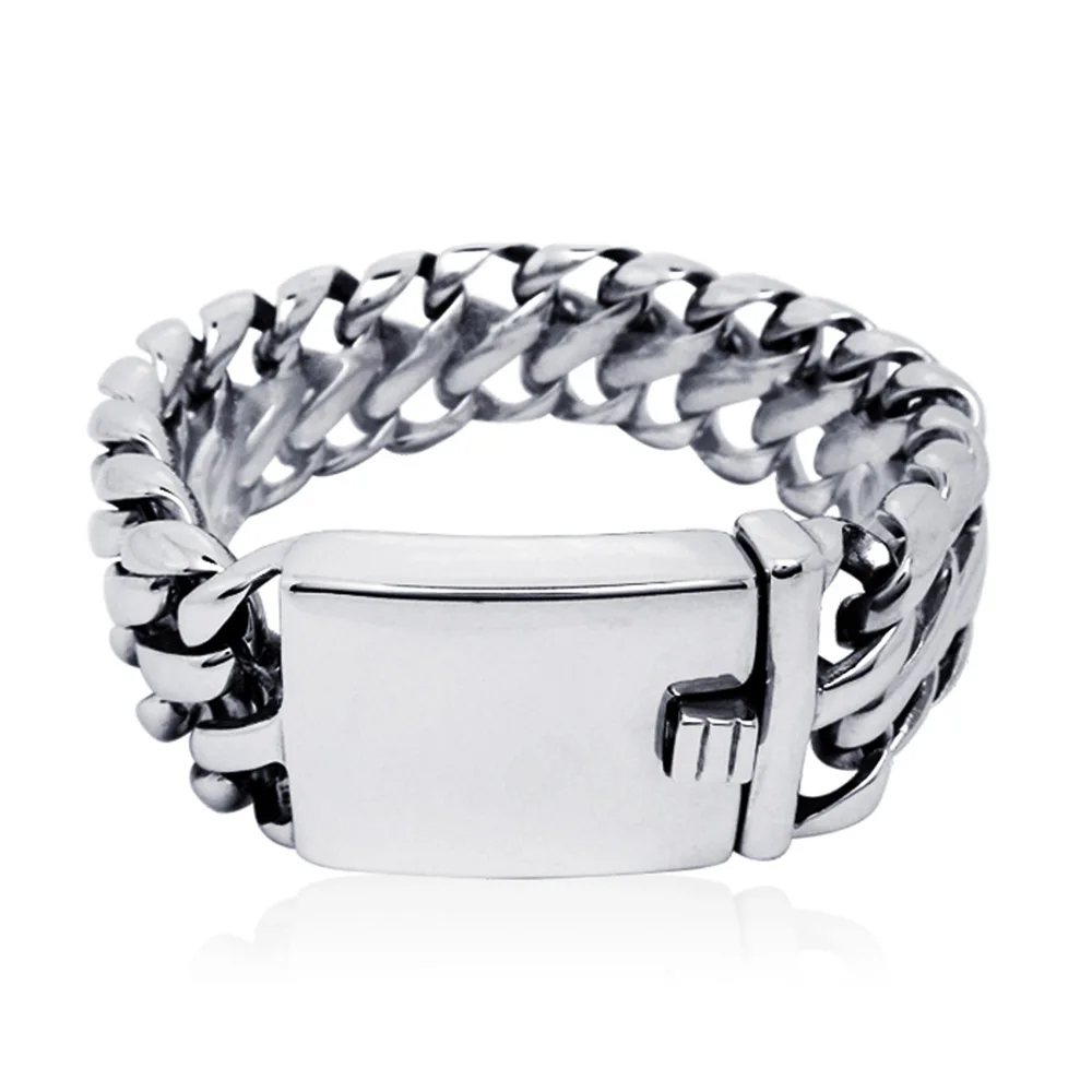 Men's High Polished Silver Tone Stainless Steel Linked Double Curb