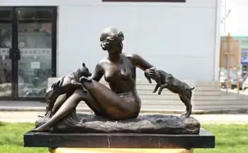 

10.8" Western Bronze Marble Naked Woman Lady And Dog Art Deco Sculpture Statue