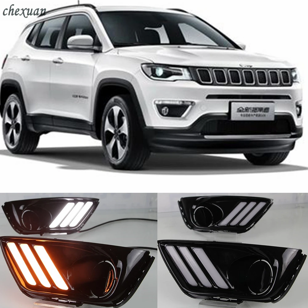 

CSCSNL 1 set For Jeep Compass 2016 2017 LED DRL Daytime Running Lights 12V ABS Fog Lamp Cover With turnning yellow signal Lamp