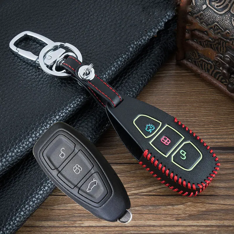 Новые 3 кнопки ручного шитья световой кожаный чехол для автомобильных ключей, чехол-Крышка для Ford Focus 3 MK3 беспроводной видеорегистратор Mondeo Fiesta Kuga ESCAPE Ecosport 2013 Smart - Название цвета: B-Red