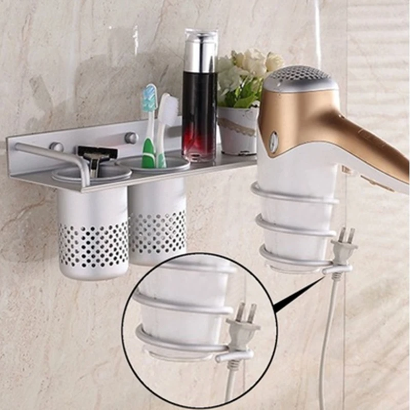 

Bathroom Metal Hair Dryer Shelf Wall Mounted Toothbrush Rack Holder +2 Cups