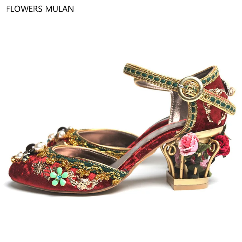 

Luxury Caged Flowers Embellished Velevt Pumps Handmade Crystal Gold Embroidery Bridal Shoes Brand Block Heels Wedding Women Shoe