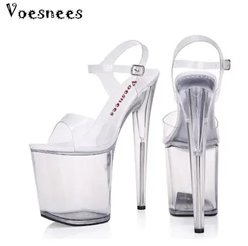 preço Sandálias Plataforma Mulheres Modelo T stage Mostra Sexy Alta Sapatos 10 20 cm Alta Transparente À Prova D Água Sandálias de salto alto large size 35 42