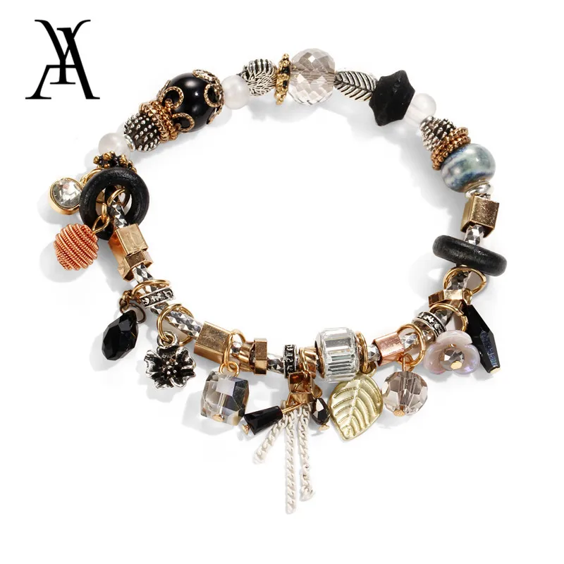 

New Fashion Flower Beads Tassel Charm Bracelets & Bangles Heart Pendant Bracelets For Women Jewelry Fit Pan Handmade DIY Gift
