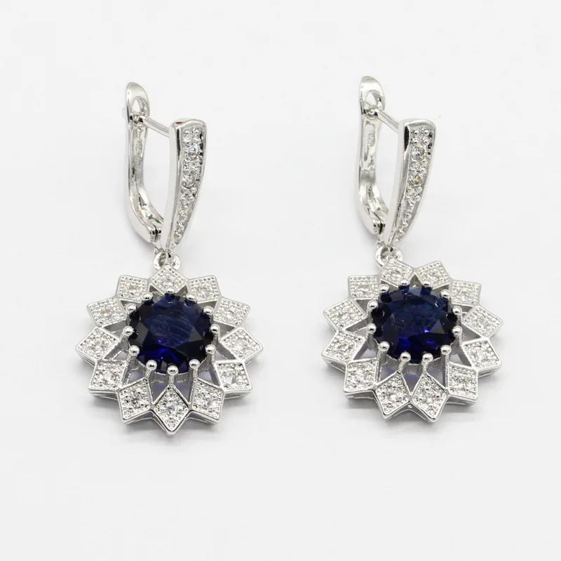 В форме цветка, синий кристалл, белый цирконий, 925 серебро, Свадебные Ювелирные наборы для женщин, ожерелье, подвеска, серьги, кольца, браслеты
