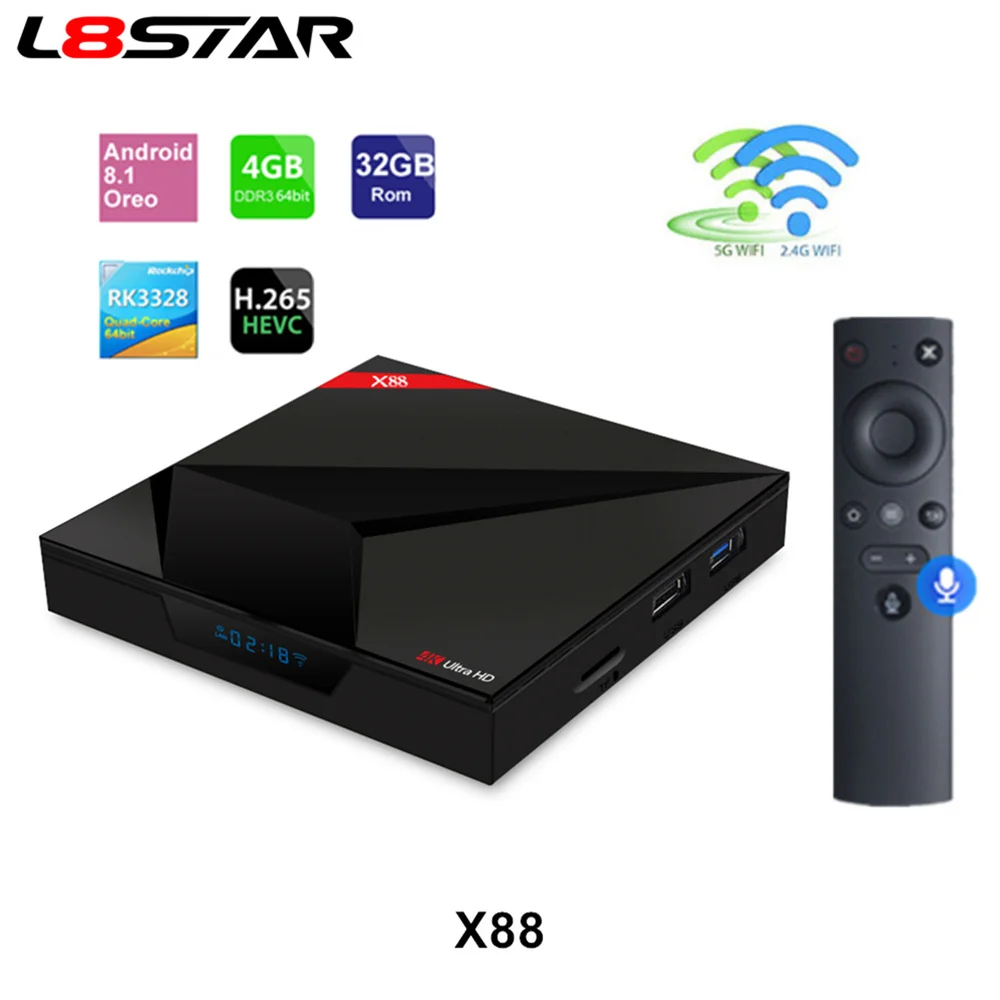L8STAR X88 RK3328 Quad core 4 ГБ Оперативная память 32 Android ТВ 7 1 Google коробке 5 г Wi-Fi коробка с