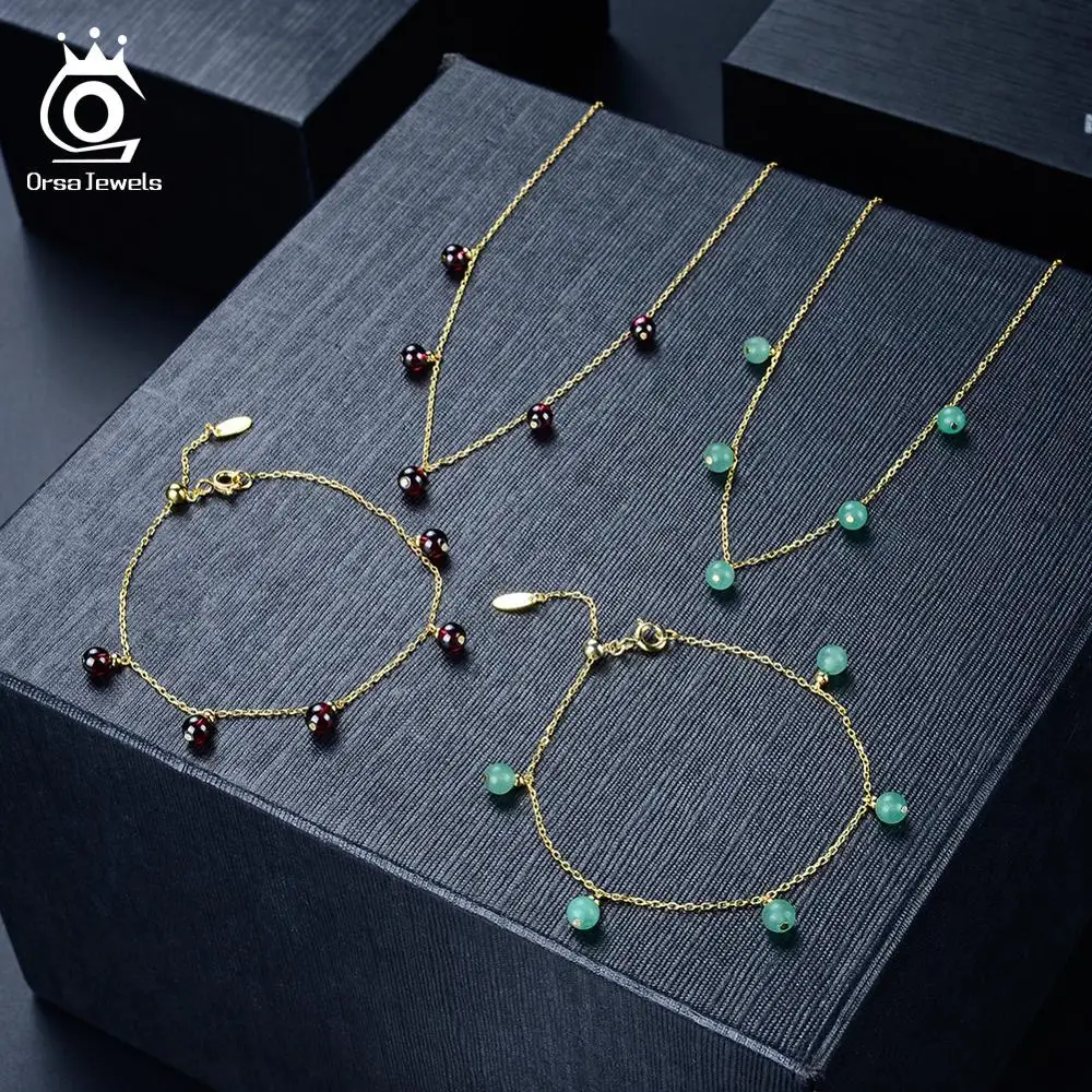 ORSA JEWELS Настоящее 925 пробы Серебряный женский очаровательный браслет из натурального авантюрина 18 к золотая цепочка вечерние ювелирные изделия SB45