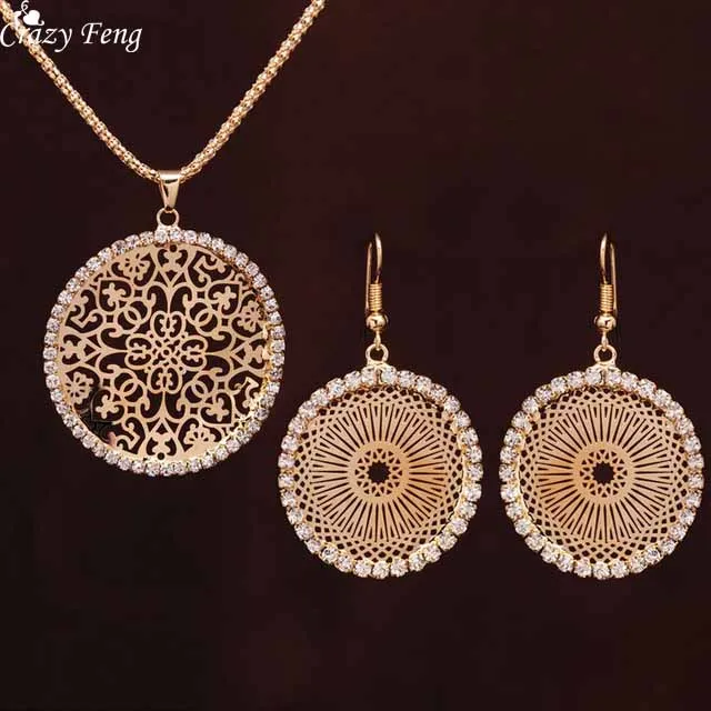 

Crazy Feng Vintage Chinese Hollow Out Flower Wedding Jewelry Sets Gold Clolor CZ Crystal Round Pendant Necklace Drop Earrings
