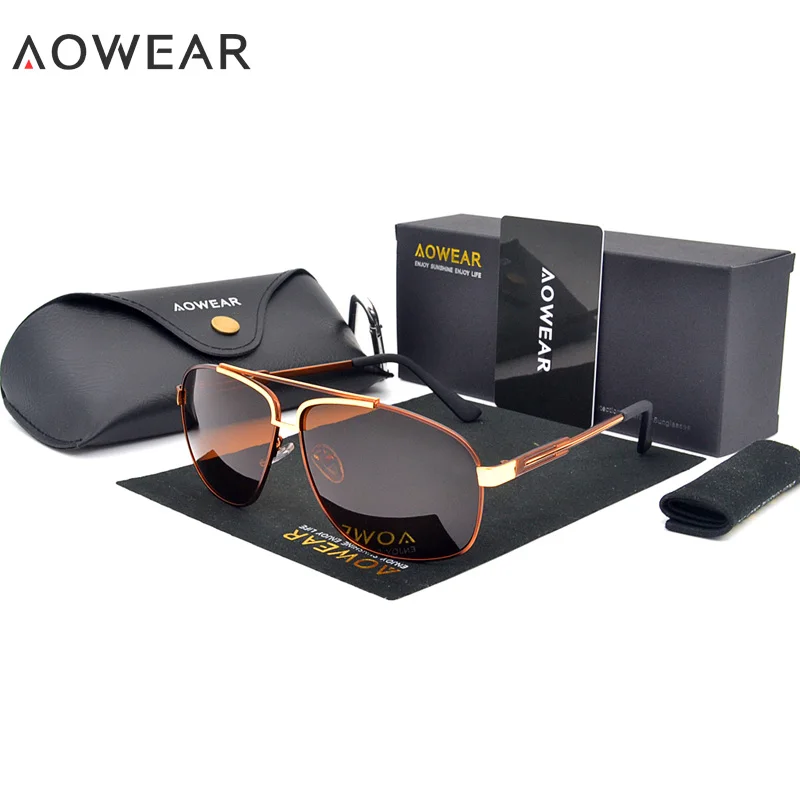 Aowear Прохладный Для Мужчин Поляризованные Солнцезащитные очки для женщин Для мужчин Элитный бренд авиации Защита от солнца Очки для вождения мужские очки с коробкой чехол Óculos