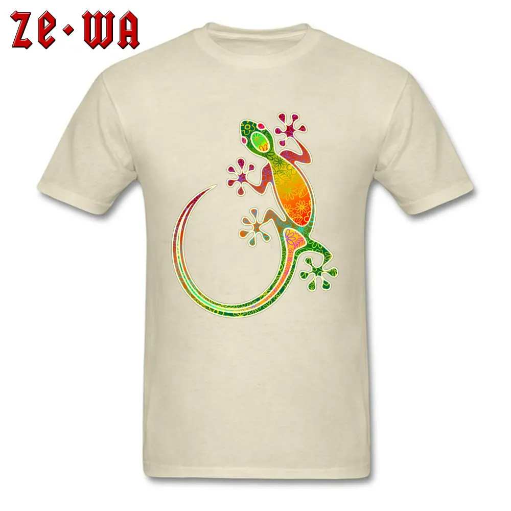 Gecko Floral Tribal Art Newest Short Sleeve Printed On T Shirt 100% Cotton Crew Neck Men T Shirt Custom Tees Summer Gecko Floral Tribal Art beige