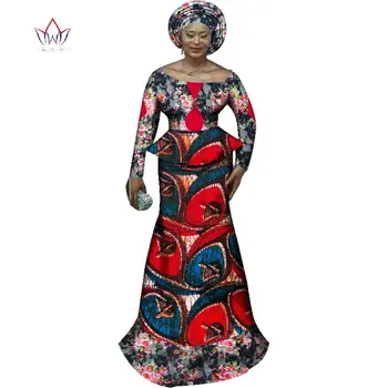 

Africa Style Bazin Riche Dresses for Women Two Pieces Set Women Long Sleeve Tops and Long African Print Skirt Plus Size WY2712