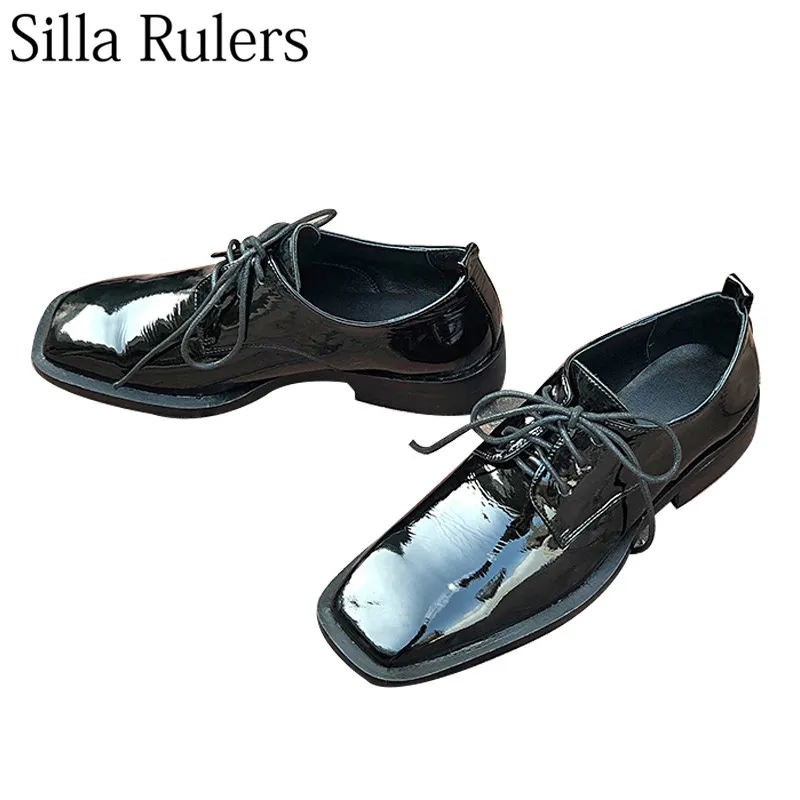 

Silla Rulers 2019 new style genuine leather lace up shallow Single shoes women square toe low heels black shoes flat shoes woman