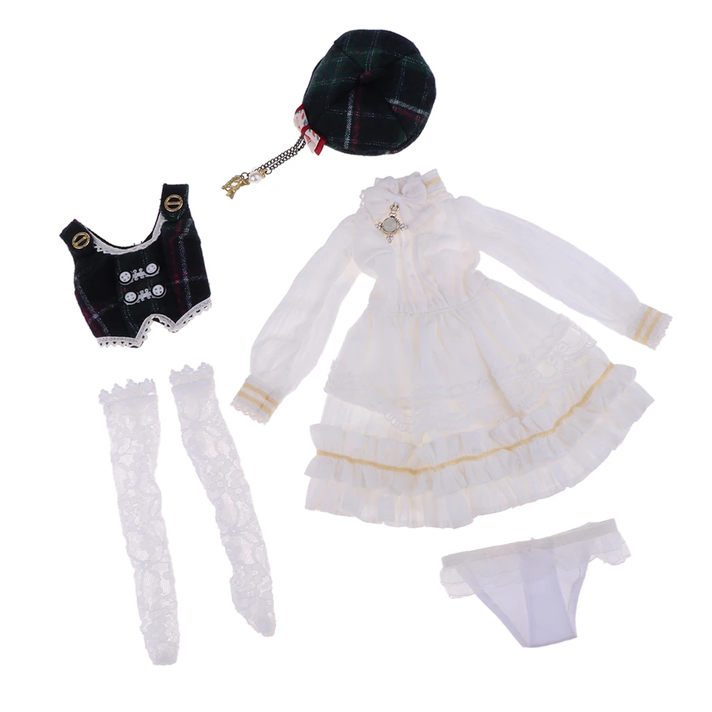 5pcs White Princess Long Sleeve Skirt Waistcoat Suit Formal Party Accs for 1/4 BJD Doll