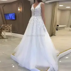 Пляжные свадебные платья трапециевидной формы Vestido De Noiva, v-образный вырез, ручная работа, цветы, шлейф, без рукавов, подвенечные свадебные