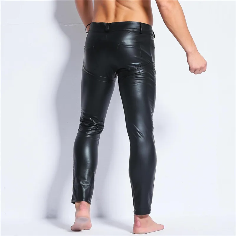 Сексуальные мужские узкие брюки из искусственной кожи Wetlook черные брюки для ночного клуба сценические певцы танцор открытые передние