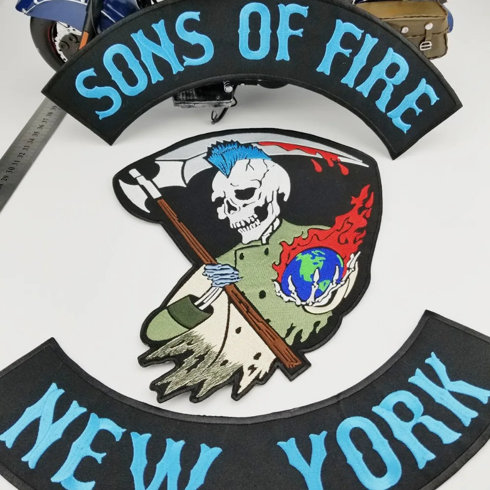 Детский мотоциклетный жилет с аппликацией SONS OF FIRE NEW YORK SKULL REAPER|biker mc|sons ofbiker mc patches |