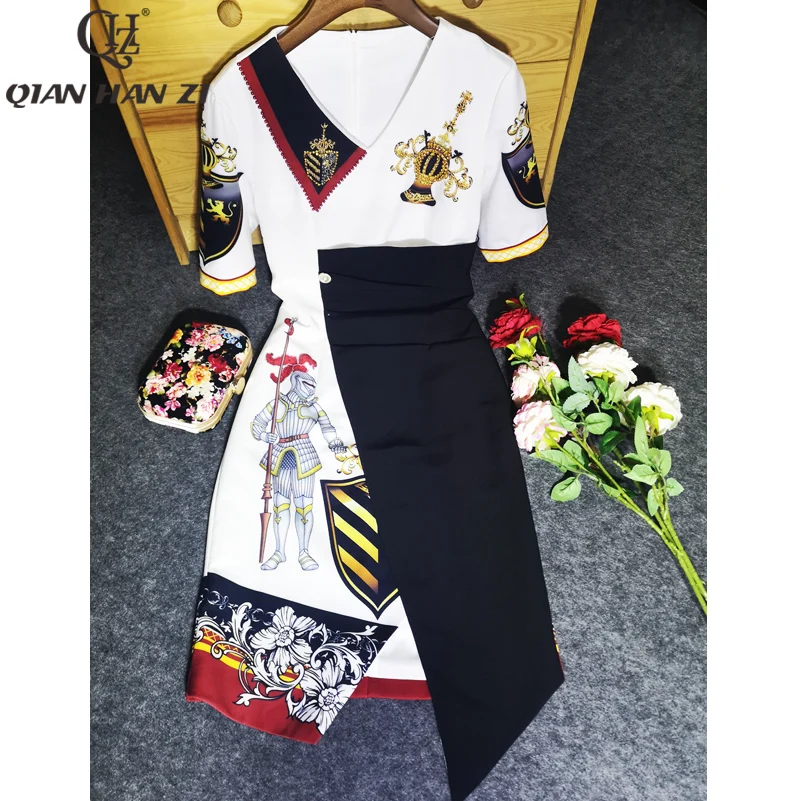 

Qian Han Zi 2019 New Autumn Fashion Designer Runway Dress Women's V-neck Diamonds pattern Print vintage Beading bodycon dress