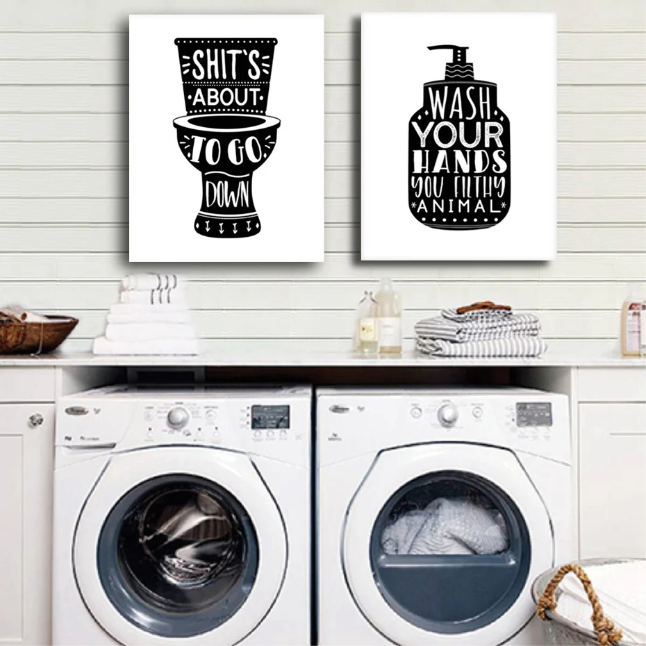 Black and White Bathroom Canvas Wall Art Paintings Laundry Room DIY Photo Framed Prints Posters Pictures Frame Home Decoration (2)