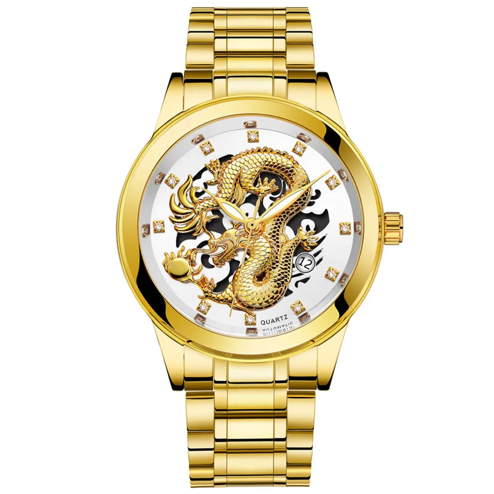 Для мужчин s часы лучший бренд класса люкс водонепроницаемый для мужчин s золотой дракон скульптура кварцевые часы Роскошные для мужчин сталь наручные часы - Цвет: White