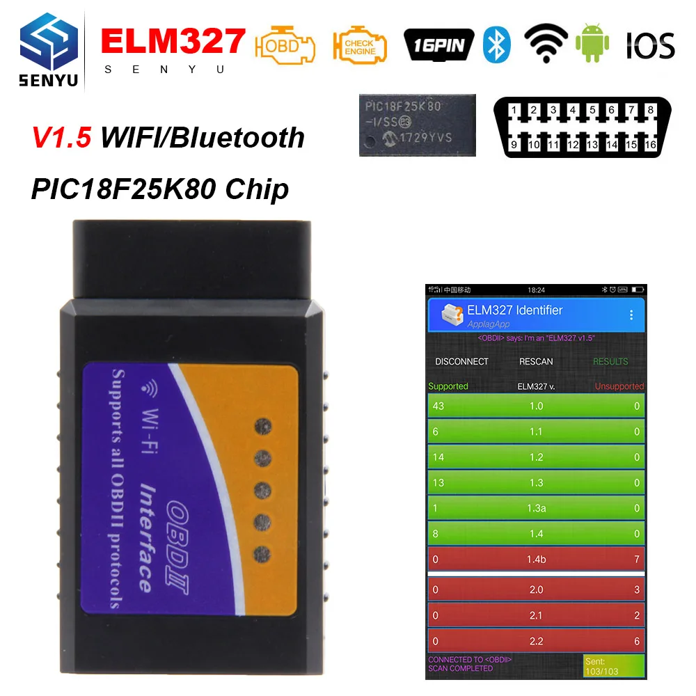 ELM 327 V1.5 OBD2 Bluetooth WIFI сканер для Android/IOS elm327 PIC18F25K80 OBD 2 автомобильный диагностический