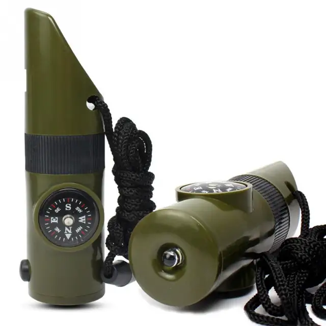 7 in 1 Mini SOS Survival Kit Camping Survival Whistle With Compass Thermometer Flashlight Magnifier Tools Outdoor Hiking