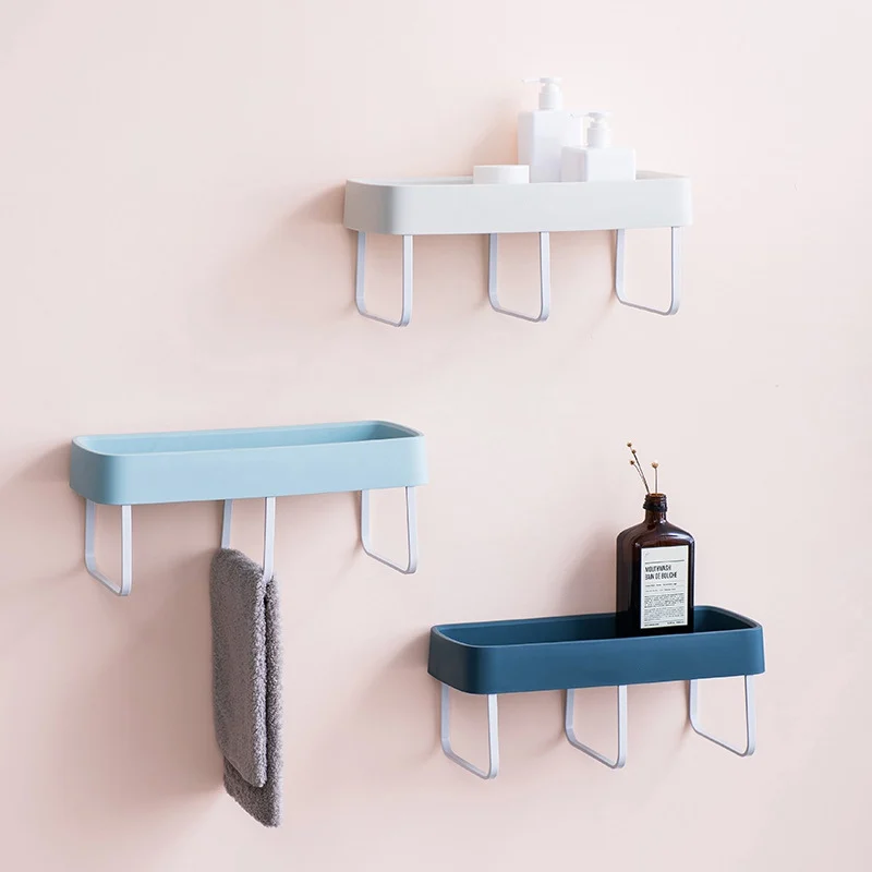 

Self-Adhesive Plastic Bathroom Shelf With Three Towel Bars Wall Mounted Shower Caddy Storage Organizer Kitchen Spice Holder
