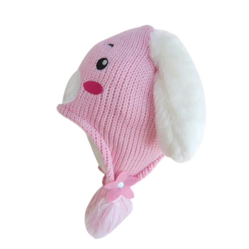 Cute Rabbit Baby Hat For Girls Cotton Knitted Pattern Kids Beanie Pink Girls Hat With Ears Thick Double Layer Warm Winter Hat  (5)