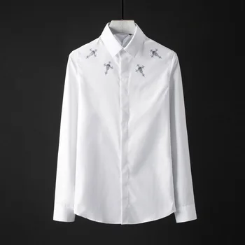 

Black White Mens Shirts Luxury Crystal Diamond Skull Long Sleeve Mens Dress Shirts Camisa Masculina Plus Size 4xl Slim Shirt Man